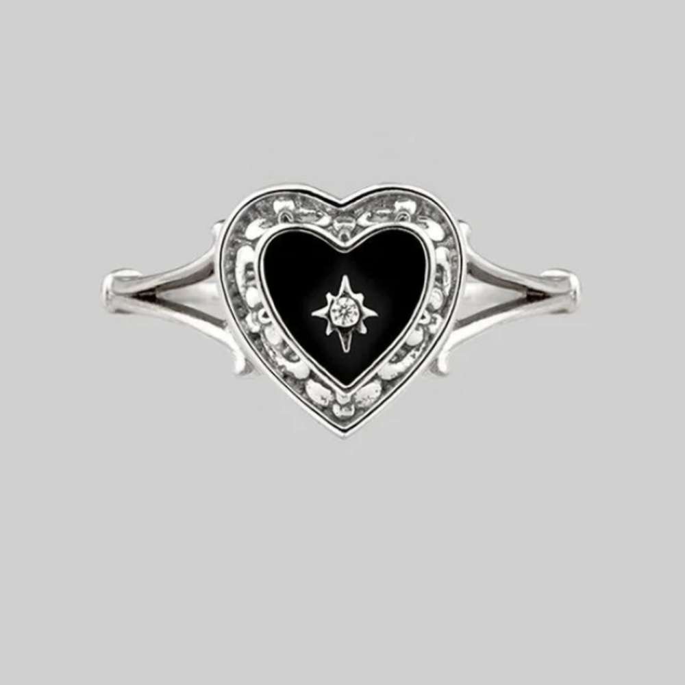 Regal Rose Sterling Silver Heart Ring with Black Enamel